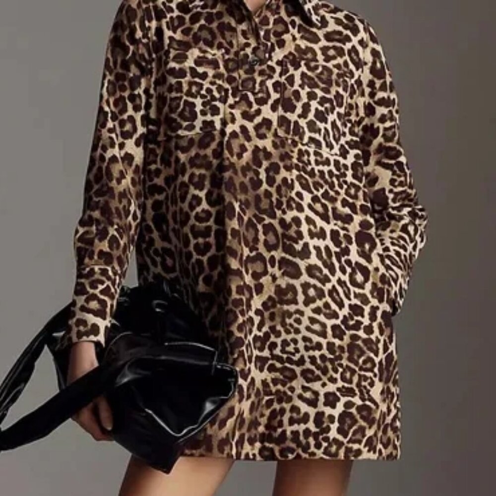 Anthropologie ALIGNE Grace Long Sleeve Leopard Denim Mini Collar Shirt Dress